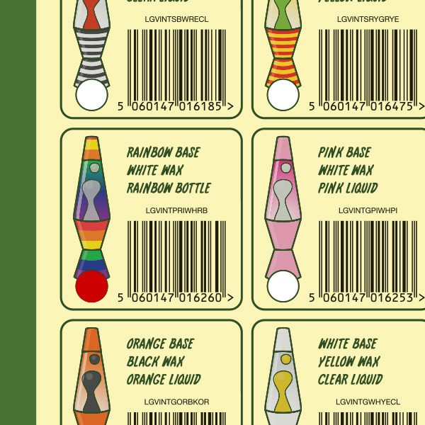 Individually marked to idenitfy the lava lamp design inside